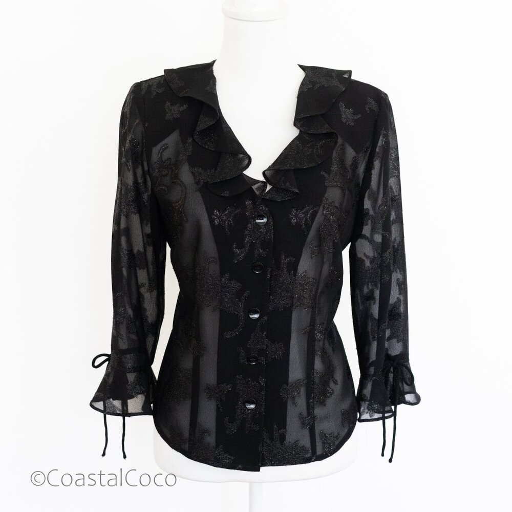 Vintage Miss Dorby Sheer Black Blouse Size 10 Lace Ruffle Goth Glam Evening